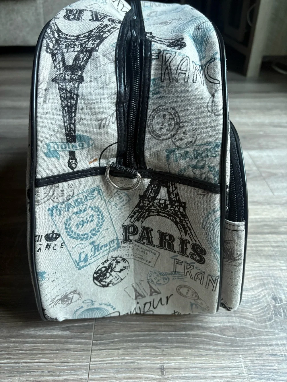 Paris Print Travel Weekender Bag in Light Gray and Black